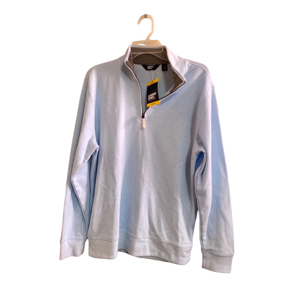 Lands End Ribbed Quarter Zip Longsleeve Pullover Nantucket Breeze Blue Med NEW